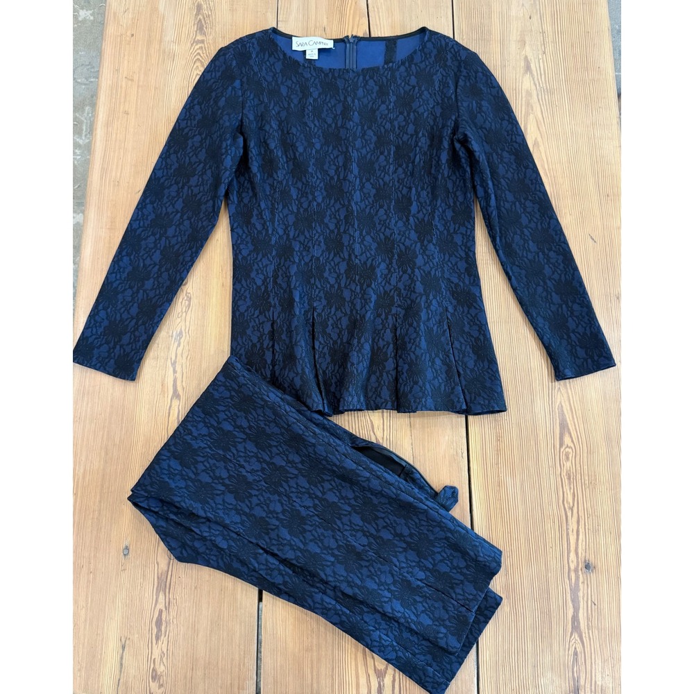 Sara Campbell Navy Blue Lace 2 Piece Peplum Top and Pants Set Womens Size M